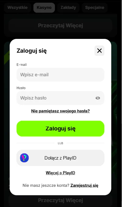 Formularz logowania Spinit Casino - e-mail i hasło
